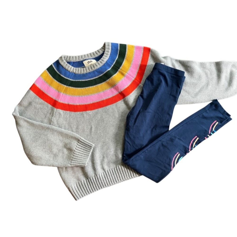 TEA COLLECTION Outfit Set RAINBOW/GRAY SWEATER Navy Leggings BIG GIRLS SIZE 14